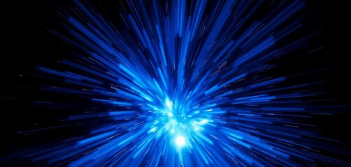 Fototapeta premium Intense blue energy burst explodes outward from center, radiating light against black background, ripple, plasma