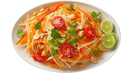 Classic Thai papaya salad with shredded vegetables, fresh herbs, peanuts, and lime, perfect for healthy, colorful, and authentic Asian food menus