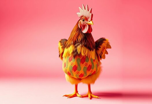 Happy chicken in vibrant outfit, dancing on pink background, positive, illustration - Powered by Adobe