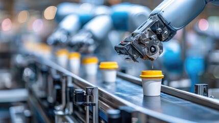 Robotic arms handling food containers on a stainless steel conveyor in automated system