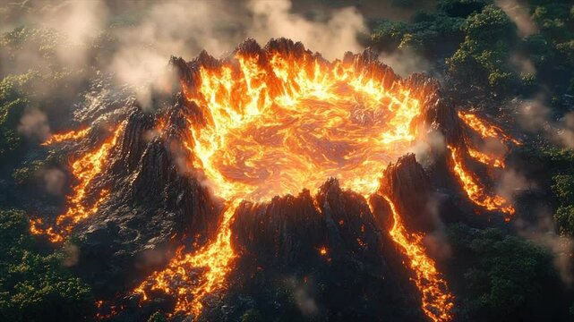 Aerial view of a volcanic eruption, fiery lava flowing from crater