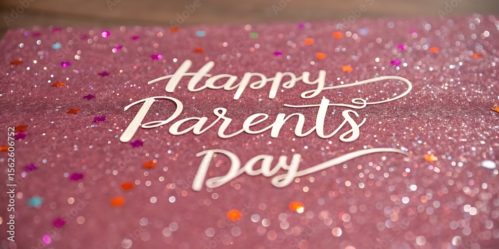 Fototapete happy parents day text in elegant white script on a sparkling pink background with colorful confetti