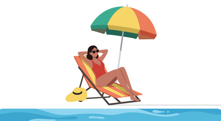 Serene Summer Poolside Relaxation: Woman in Red Bathing Suit Lounging on Striped Deck Chair under Colorful Beach Umbrella.
