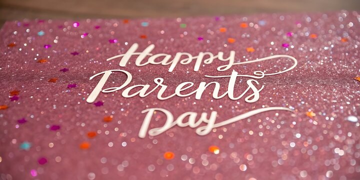 Happy parents day text in elegant white script on a sparkling pink background with colorful confetti stars
