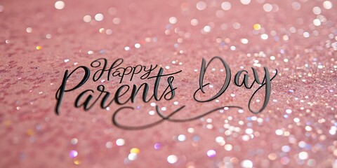 Elegant cursive text happy parents day displayed on a sparkly pink glitter background with soft bokeh lights