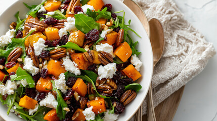 Holiday salad with roasted butternut squash, mixed greens, pecans, cranberries, and creamy goat cheese, perfect for festive or autumn recipes