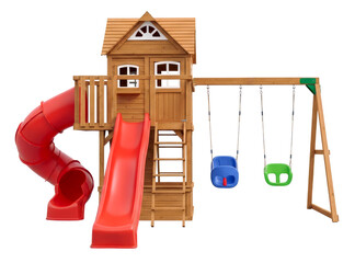 Wooden Swing Set with Red Slides