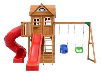 Wooden Swing Set with Red Slides