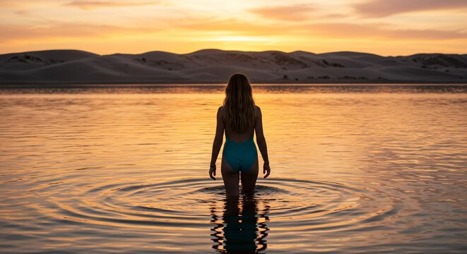 Woman in Teal Swimsuit at Sunset Lakeside - Powered by Adobe