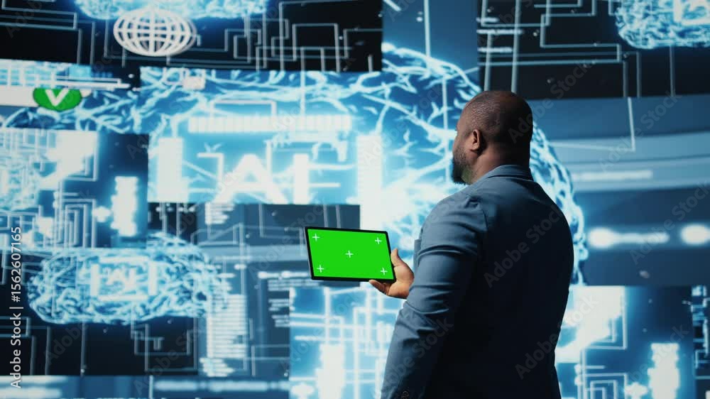 Poster african american engineer shows tablet with isolated mockup display, examining predictive analytics 