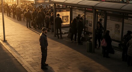 Golden Hour Commute: Passengers wait patiently at a bustling city bus stop, bathed in the warm glow of the setting sun.