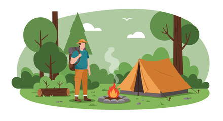 Fototapeta premium Vector Illustration of a Camper Near Tent and Campfire in Forest.