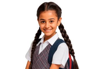 Portrait of a smiling schoolgirl with braided pigtails wearing her uniform.