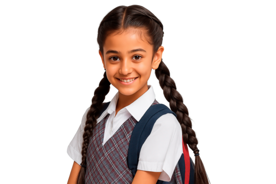 Portrait of a smiling schoolgirl with braided pigtails wearing her uniform.