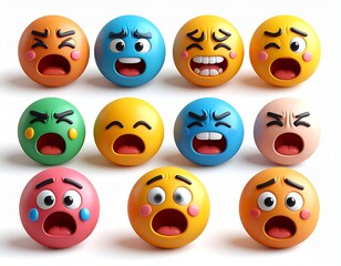 Obraz premium Cute and expressive clay-style emoji faces (angry, crying, shocked, in love) for social media and content creators, bold color tones, 3D soft shadows