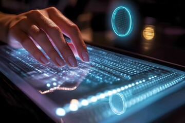 Close-up of a woman's hands typing on a laptop keyboard with a search bar and magnifying glass icon floating above, in an office setting, representing the concept of searching data online