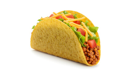 Close up of a single taco with lettuce tomatoes and cheese on a plain white background studio shot