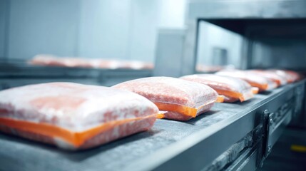 Vacuum-sealed frozen meals on a conveyor moving into a blast freezer chamber