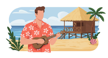 Tropical Beach Scene: Man Playing Ukulele Hut Palm Tree Paradise.