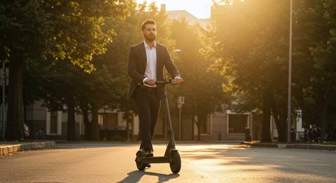 Businessman in suit enjoys a sunset commute on a sleek electric scooter, gliding effortlessly through a tree-lined city street.