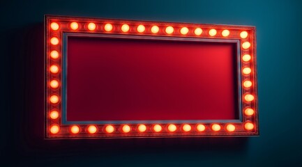 Blank red movie theater marquee with glowing white bulbs and antique square frame in vintage style