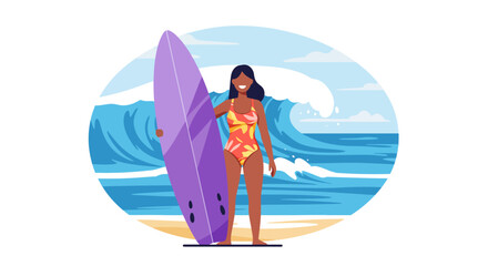 Smiling Surfer Girl with Purple Surfboard Beach Scene Illustration.