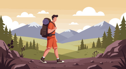 Hiker Embraces Mountain Scenery Flat Illustration.