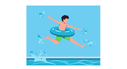 Joyful Boy Leaps into Pool with Inflatable Ring Summer Fun Illustrated.