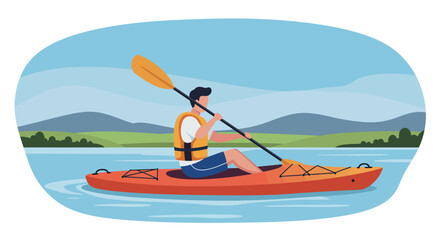 Man Kayaking on a Serene Lakeside Landscape Flat Design.