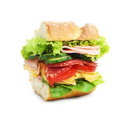 Tasty baguette sandwich with ham and vegetables isolated on white