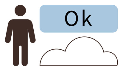 Minimal design of a person figure, white cloud outline, and Ok in blue box. Ideal for cloud computing, user approval, decision-making, support, simplicity agreement interactive content. Simple flat