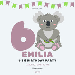Invitation childrens birthday party with cute koala and number. Celebration sixth birthday. Greeting card template for children. Vector illustration.