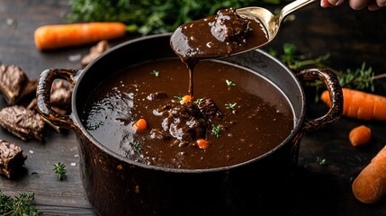 Glossy brown espagnole sauce in a ladle, held above a rustic pot, with beef bones, carrots, and herbs scattered on a dark wooden surface.