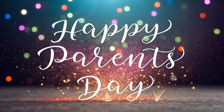 Happy parents day handwritten text with sparkling bokeh lights and glitter background celebration - Powered by Adobe