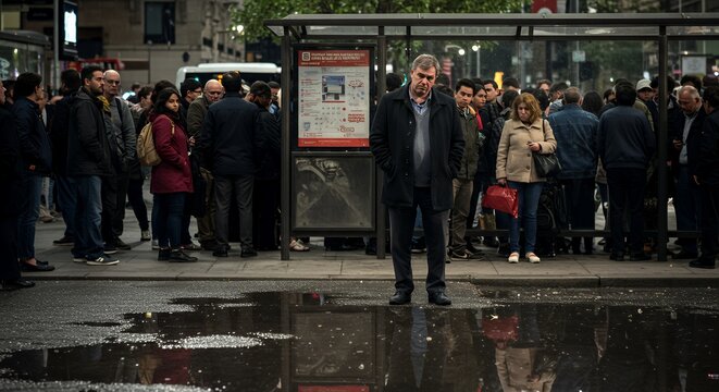 A lone man stands pensively at a bus stop, reflecting in a rain puddle, amidst a crowd of commuters going about their day. - Powered by Adobe