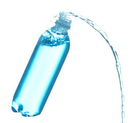 Plastic bottle with splashing water in air on white background