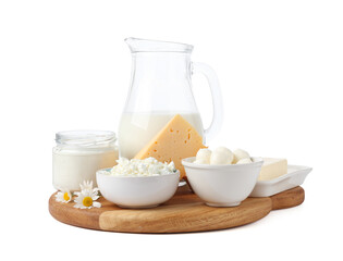 Different fresh dairy products and chamomile flowers isolated on white