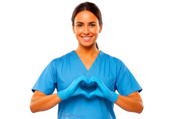 A friendly nurse makes a heart shape with her hands, representing healthcare.