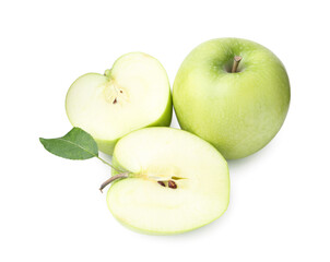Cut and whole green apples with leaf isolated on white