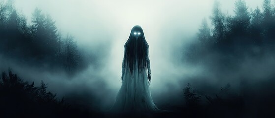 Ghostly figure in misty forest