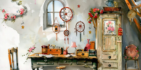 Watercolor Painting of a Room's Corner with Desk, Armoire, and Dream Catchers
