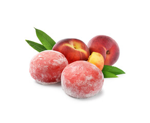 Yummy mochi and fresh peach fruits on white background