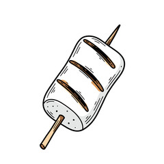 Flat color hand-drawn vector of grilled marshmallow on stick – clean isolated sketch illustration on white background