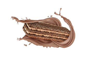 Tasty wafer and chocolate milk splash in air against beige background
