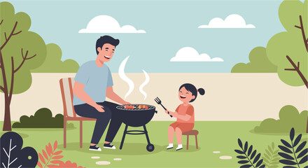 A father and daughter happily grill food together outdoors on a sunny day.
