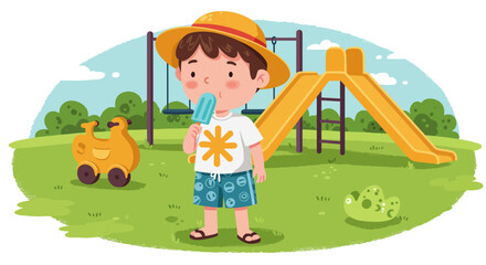 Cartoon Boy Enjoying Popsicle at Playground with Slide and Toy Car.