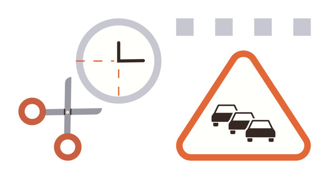 Scissors cutting through a clock, triangle sign with cars representing traffic, and segmented squares signify managing time, reducing delays, and efficiency. Ideal for planning, organization