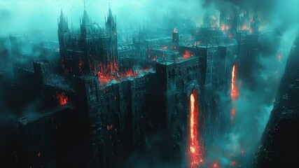 Burning gothic city engulfed in lava and smoke - Powered by Adobe