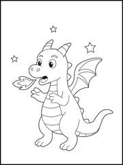 Illustration of a cute baby dragon cartoon character. Black and white Printable dragon coloring page for kids.