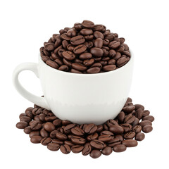 Fototapeta premium An overflowing cup of roasted coffee beans is presented against a dark backdrop, showcasing the rich aroma and inviting flavor of freshly brewed coffee.